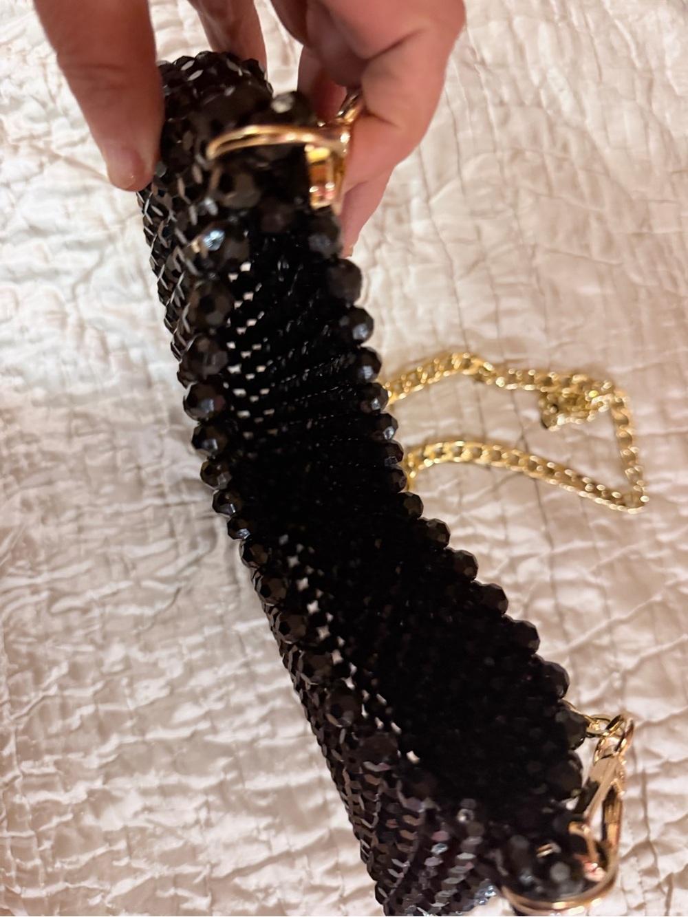 Black Crystal Beaded Crossbody Bag with Gold Chain - Picture 5 of 5